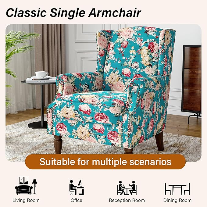Wingback Accent Chair, High Back Upholstered Armchair, Floral Fabric Wingback Arms Chairs with Retro Solid Wood Legs, Single Sofa Reading Chair for Bedroom Living Room, Peacock Blue