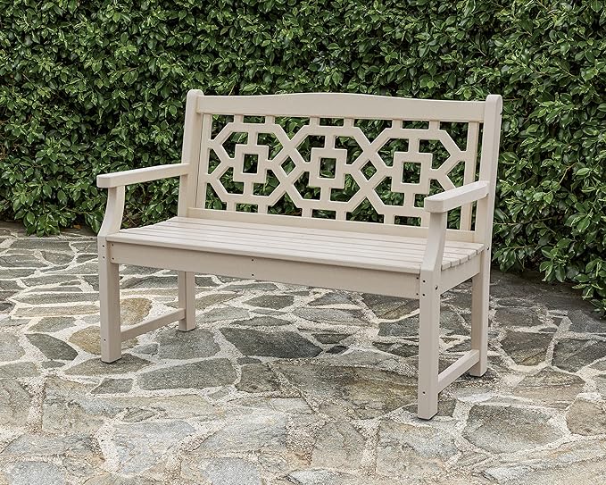 Martha Stewart by POLYWOOD Chinoiserie 48" Outdoor Bench for Patio, Porch & Backyard, Mahogany - Durable All-Weather HDPE Garden Seat with Back Support - Classic 2 Person Seating, Made in The USA
