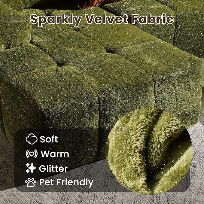 114" Glitter Cloud Sectional Couch with L-Shape Chaise & Ottoman, Modern Boneless Couches for Living Room, Fluffy Tufted Deep Seat Modular Sofa No Assembly (Green Sparkly Velvet,Left Facing)