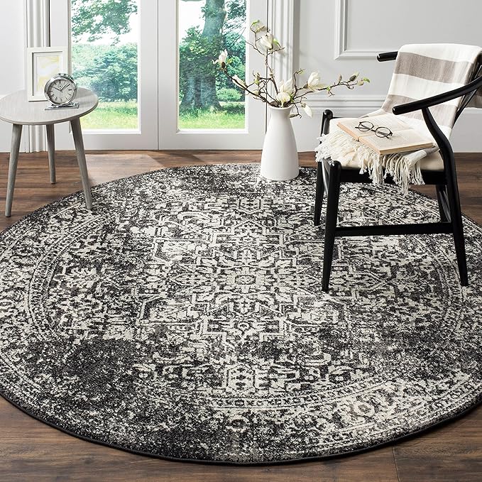 SAFAVIEH Evoke Collection Area Rug - 3' Round, Black & Grey, Distressed Design, Non-Shedding & Easy to Clean, Ideal for Foyer, Bedroom, Accent Space (EVK256R)