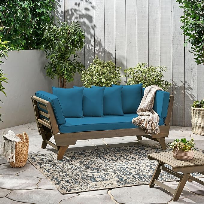 Christopher Knight Home Gary Patio Convertible Couch, Wooden Outdoor Daybed, 3-Seater Acacia Wood Patio Furniture Lounge Sofa for Backyard/Poolside/Garden, Back Pillow+Removable Cushion, Grey+Teal