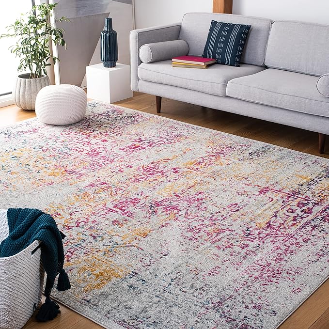 SAFAVIEH Area Rug 9x12 - Evoke Collection - Large - Ivory & Fuchsia, Distressed Design, Non-Shedding & Easy to Clean, Ideal for Living Room, Bedroom, Dining Space (EVK256Q)