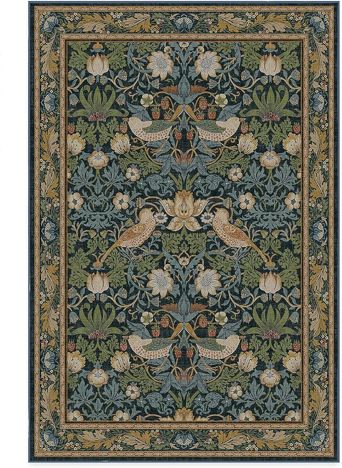 RUGGABLE x Morris & Co Washable Area Rug – Strawberry Thief Indigo 6x9, Stain-Resistant, Non-Slip – Medium Machine Washable Rugs for Living Room, Bedroom, Hallway, Entryway & Office–with Standard Pad