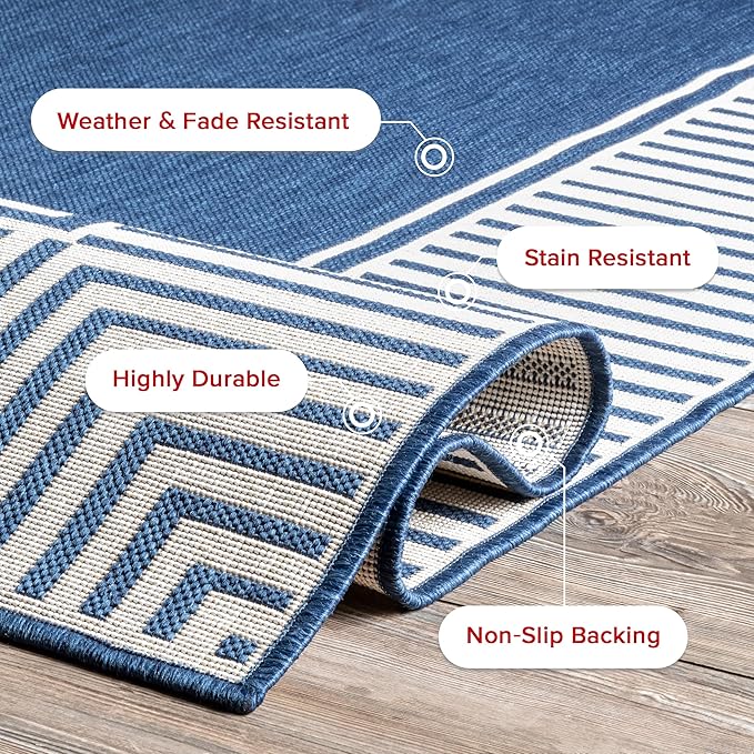 nuLOOM 7' Square Outdoor Area Rug, Casual Design with Striped Border, Stain Resistant, Highly Durable, for Patio, Balcony, Bedroom, Living Room, Dining Room, Bathroom, Navy