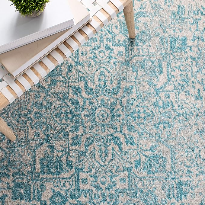 SAFAVIEH Area Rug 9x12 - Evoke Collection - Large - Ivory & Aqua, Distressed Design, Non-Shedding & Easy to Clean, Ideal for Living Room, Bedroom, Dining Space (EVK256J)