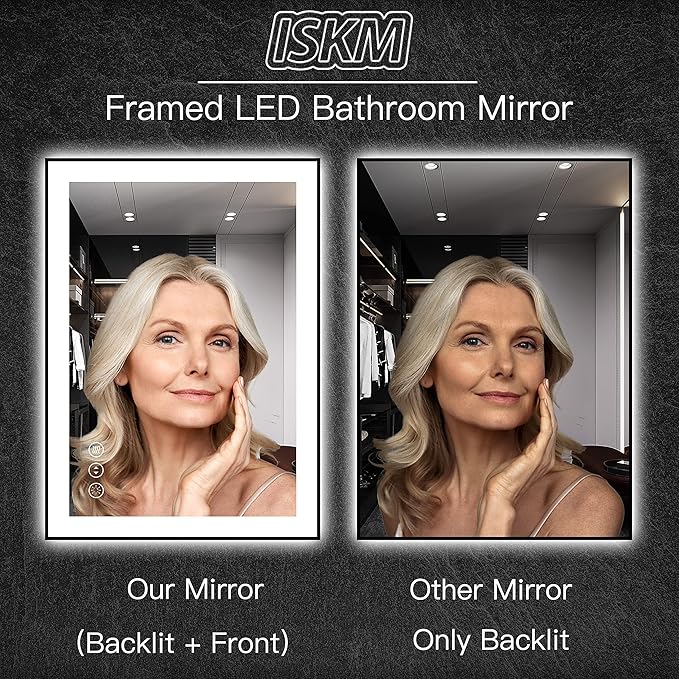 ISKM Framed LED Mirror for Bathroom 55"x36", Dimmable LED Bathroom Mirror with Lights, Anti-Fog, Front and Backlit Lighted Mirror 3-Colors, Shatterproof, Memory Function