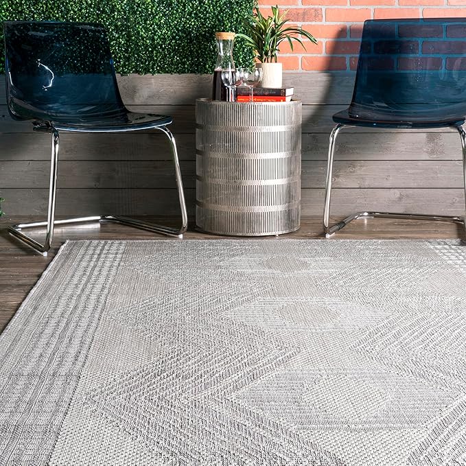 nuLOOM 9'6" x 12' Outdoor Tribal Geometric Area Rug, Stain Resistant, Weather Resistant, High Traffic, Patio, Balcony, Outside, Ranya Light Grey