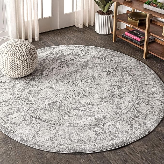 JONATHAN Y Modern Vintage Medallion Light Gray 3' Round Indoor Area Rug, Country, Floral, Easy-Cleaning for Living Room, Bedroom, Kitchen, Pet Friendly, Non-Shedding (MDP100A-3R)