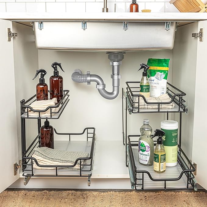 Household Essentials Glidez Multipurpose Paint-Finished Steel Pull-Out/Slide-Out Storage Organizer with Plastic Liners for Under Cabinet Use - 2-Tier Dual-Slide Design, Black