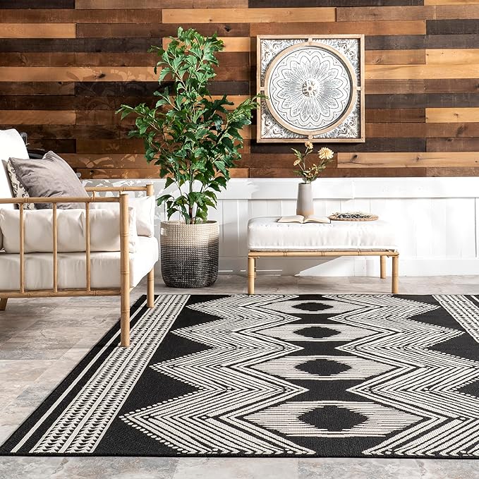 nuLOOM 6' 7" x 9' Outdoor Tribal Geometric Area Rug, Stain Resistant, Weather Resistant, High Traffic, Patio, Balcony, Outside, Ranya Black