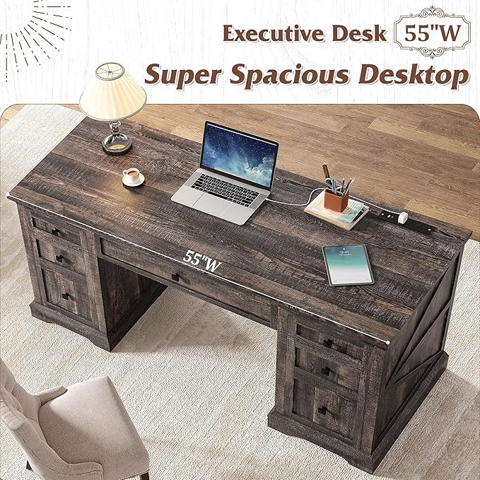 EnHomee 58" W Farmhouse Executive Desk with Drawers, Wood Home Office Desks with Power Outlets, Rustic Computer Desk with Storage Cabinet for Working, Studying, Writing, Dark Rustic Oak