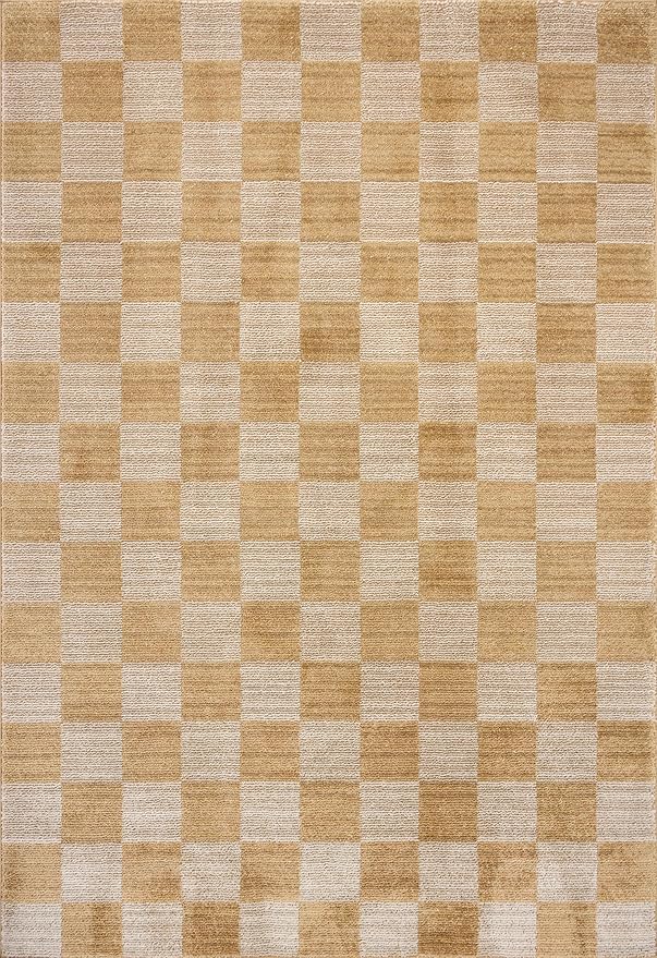 Loloi Chris Loves Julia Calvin Collection CLV-01 Apricot/Ivory 5'-3" x 5'-3" Round Area Rug Checkered Neutral Soft Living Room Bedroom Carpet