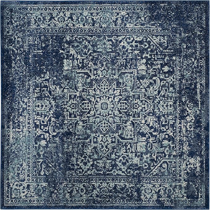 SAFAVIEH Evoke Collection Area Rug - 5'3" Square, Navy & Ivory, Distressed Design, Non-Shedding & Easy to Clean, Ideal for Living Room, Bedroom, Dining Space (EVK256A)