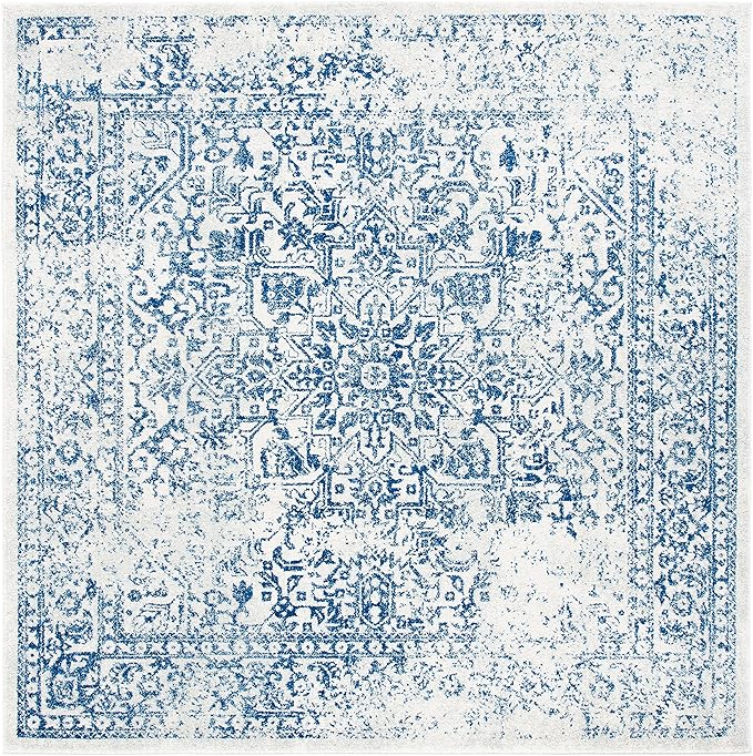 SAFAVIEH Evoke Collection Area Rug - 6'7" Square, Ivory & Navy, Distressed Design, Non-Shedding & Easy to Clean, Ideal for Living Room, Bedroom, Dining Space (EVK256N)